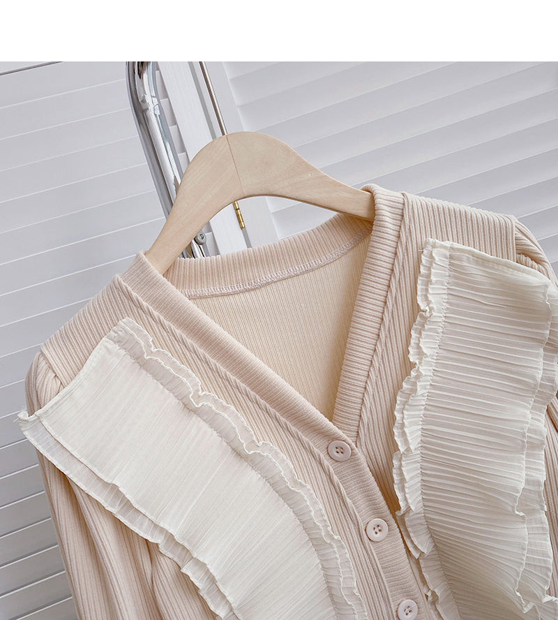 Cardigan chemise vintage à col en V en dentelle froncée 6408