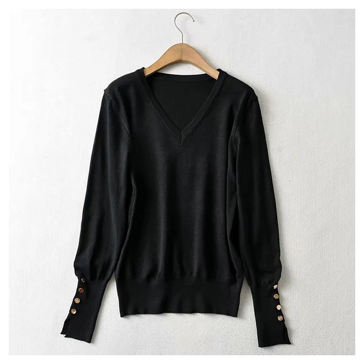 New simple and versatile solid V-Neck long sleeved sweater  7369