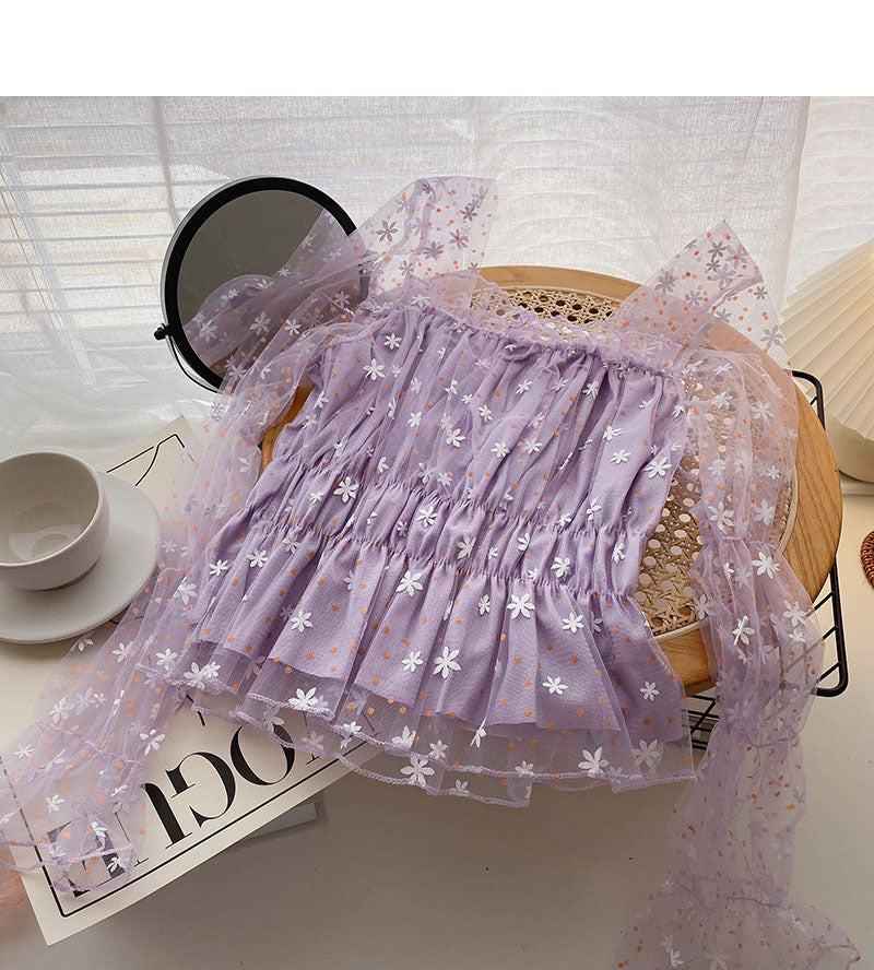 Gauze floral long sleeve square neck slim short blouse  6261