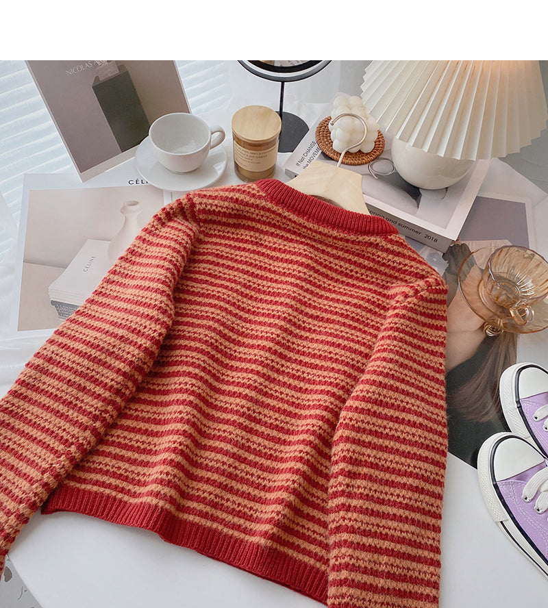 Single breasted crew neck Vintage stripe sweater  6202