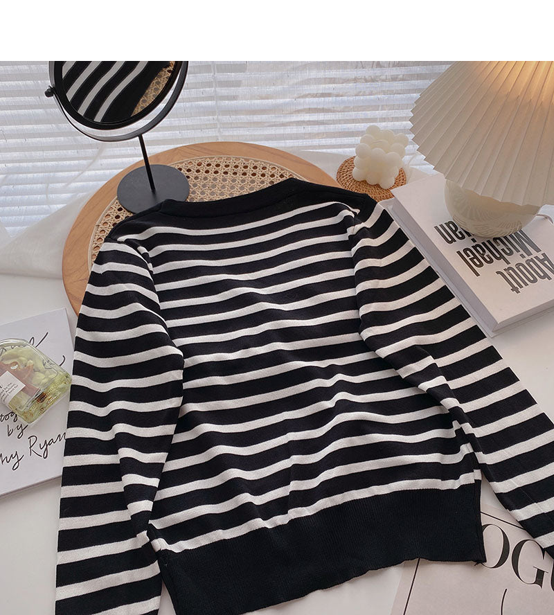 Long sleeve knitted stripe coat casual V-neck top  6518