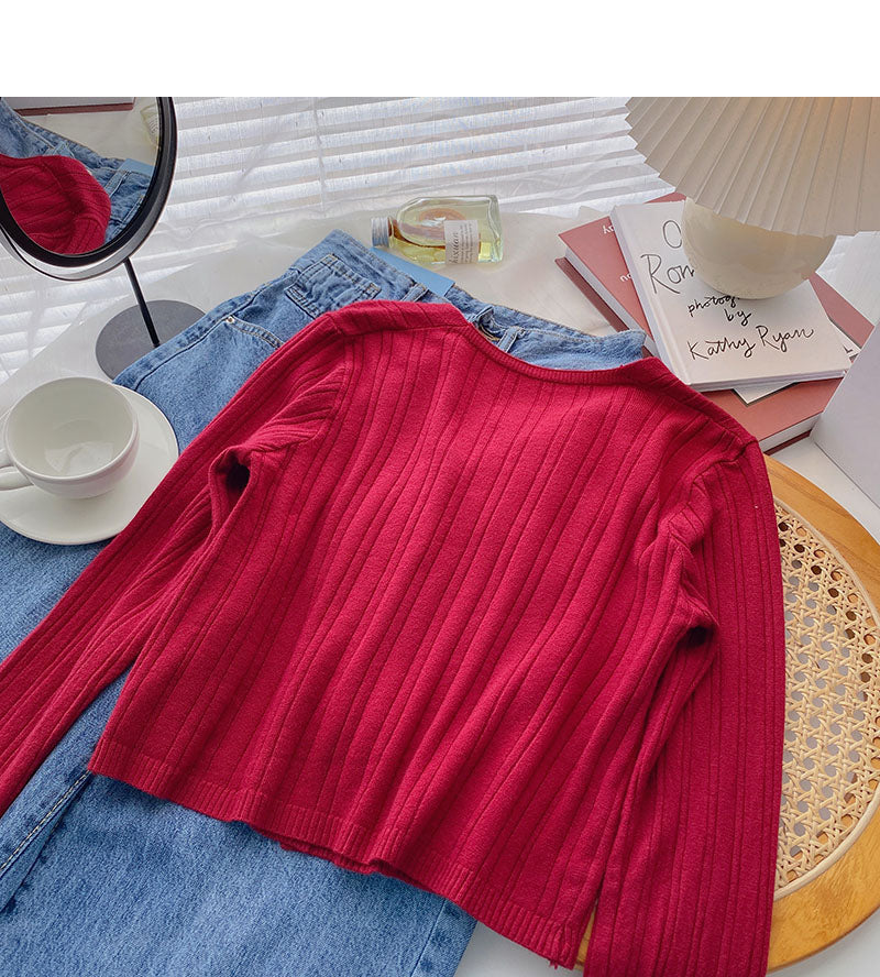 Temperament V-neck short long sleeve versatile top  6464