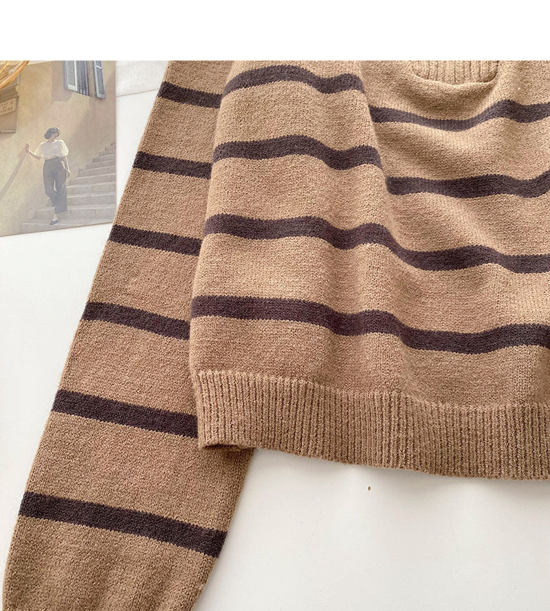 Lapel Half Zip stripe contrast panel long sleeve top  6043