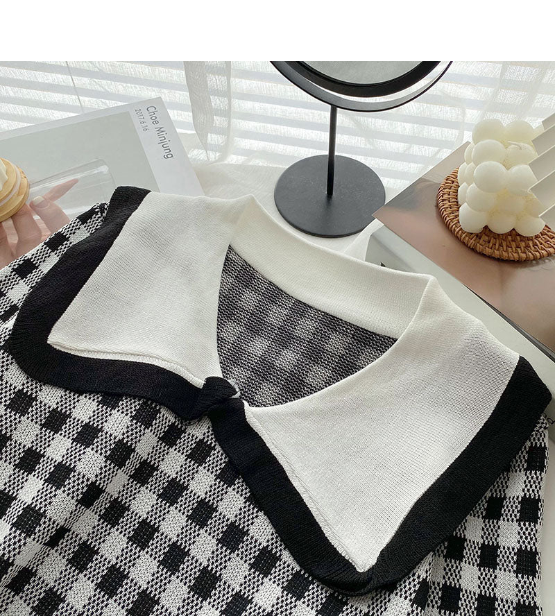 Alternder süßer kontrastkarierter Puppenkragen-Pullover Top 6678