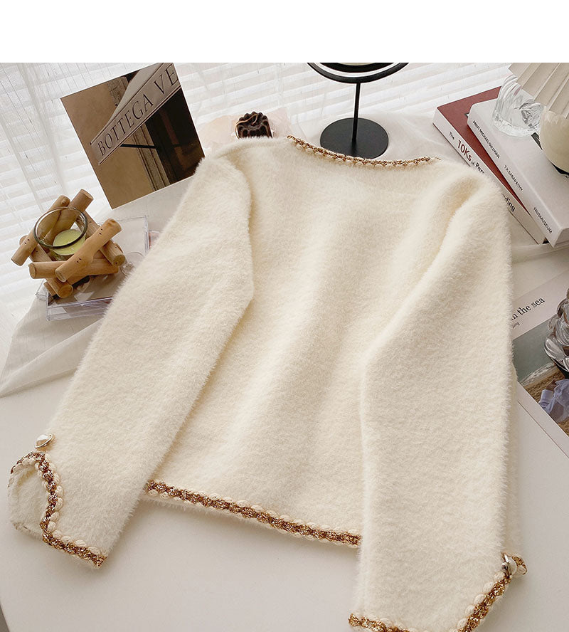 Pearl button small fragrance sweater coat  5994