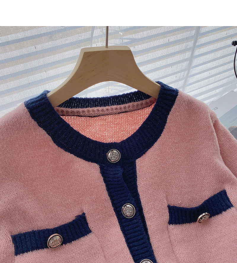 Western style casual color matching single breasted round neck top  6017