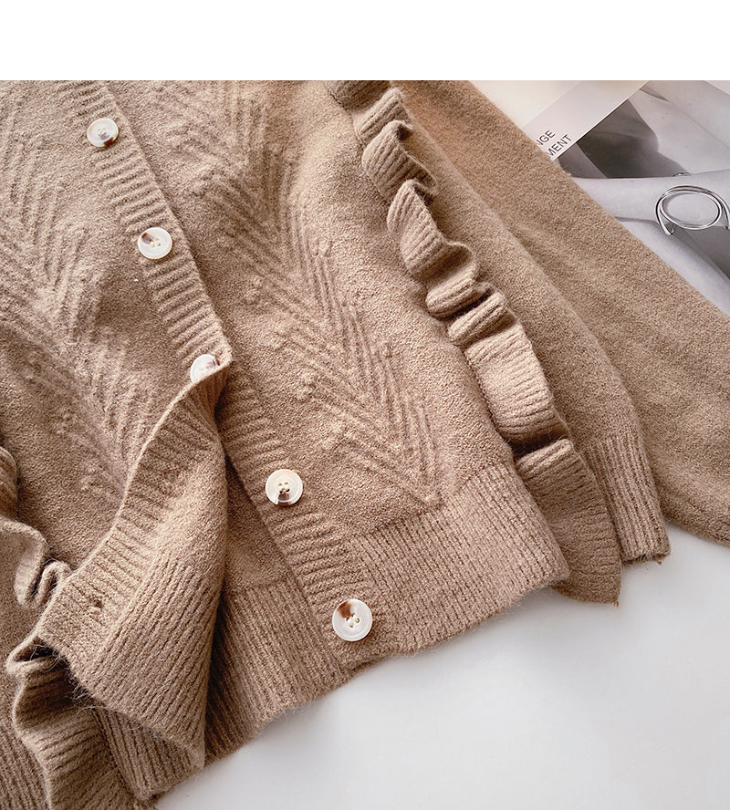 Fungus edge stitching design single breasted long sleeved sweater  5910