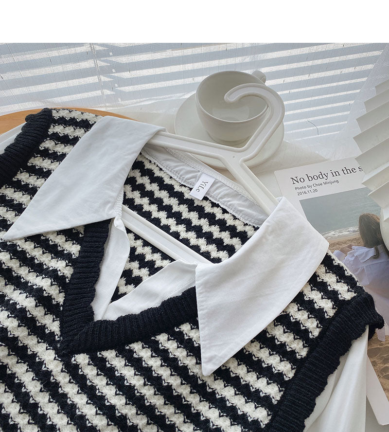 A trendy long sleeved shirt with small foreign style knitted stripe stitching  6331