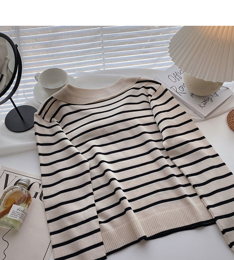 Langarm-Revers-Pullover mit lockeren Streifen 6452