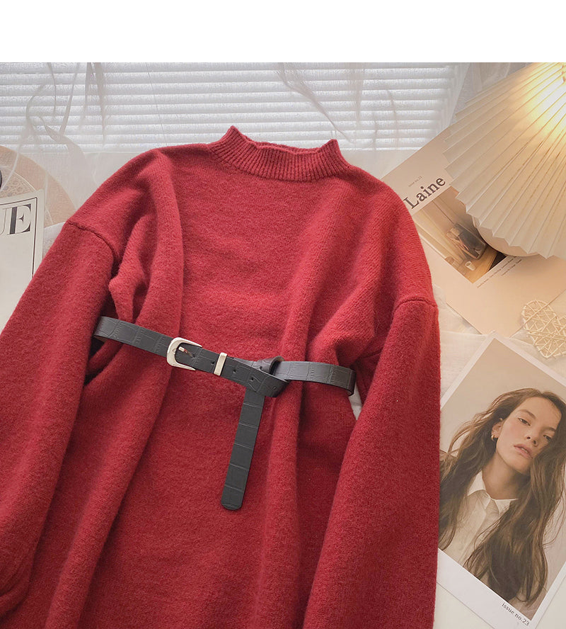 Korean style Hong Kong style retro long sleeve skirt top with belt  5971