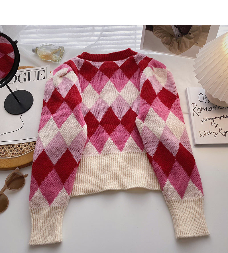 Lingge Kontrastfarbe süßer Retro-Langarmpullover 6206