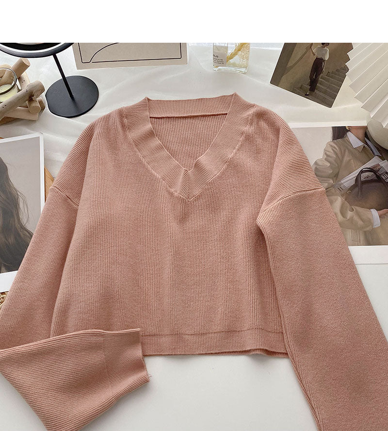 Fauler Strickpullover einfarbig V-Ausschnitt Pullover Top 6677