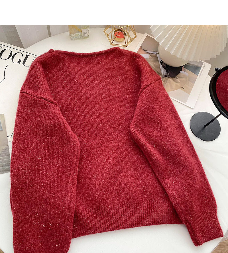 Niche design personalized V-neck bright silk long sleeve Pullover Top  6047