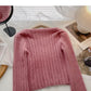 Niche design pit stripe sweater slim square neck top  6156