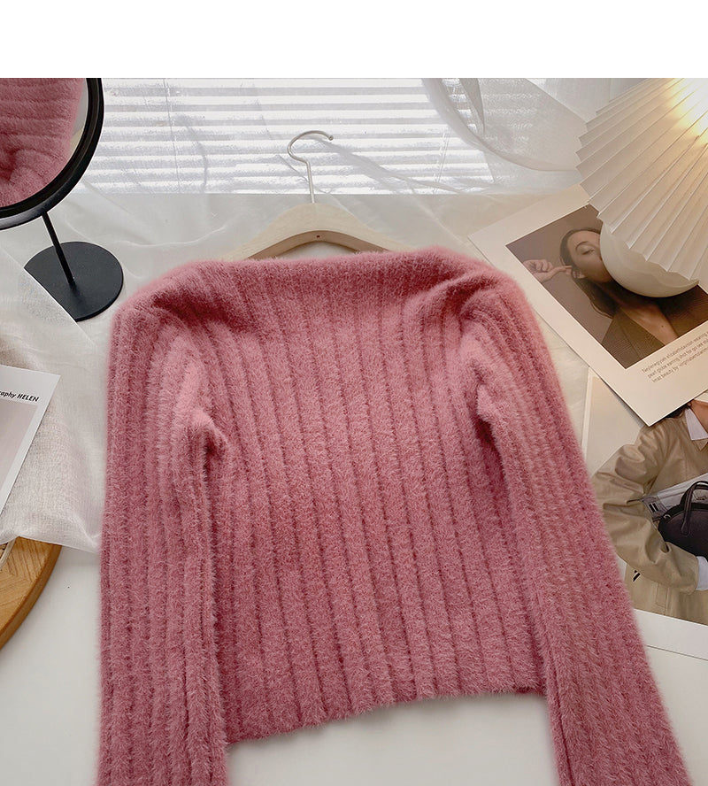 Niche design pit stripe sweater slim square neck top  6156