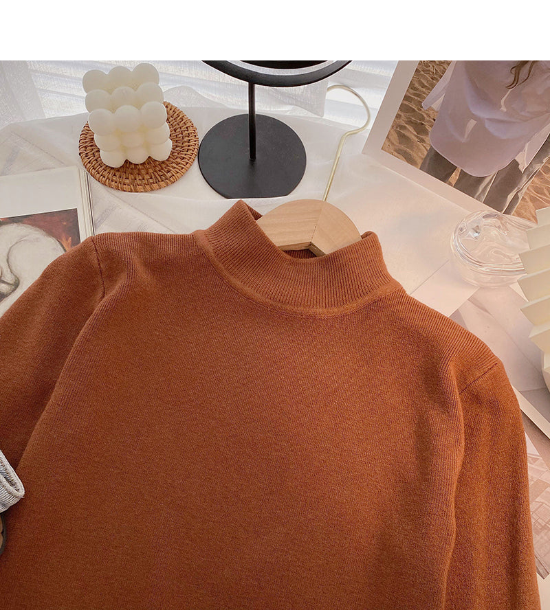 Solid color simple and versatile stand collar Pullover long sleeve Knitted Top  6655