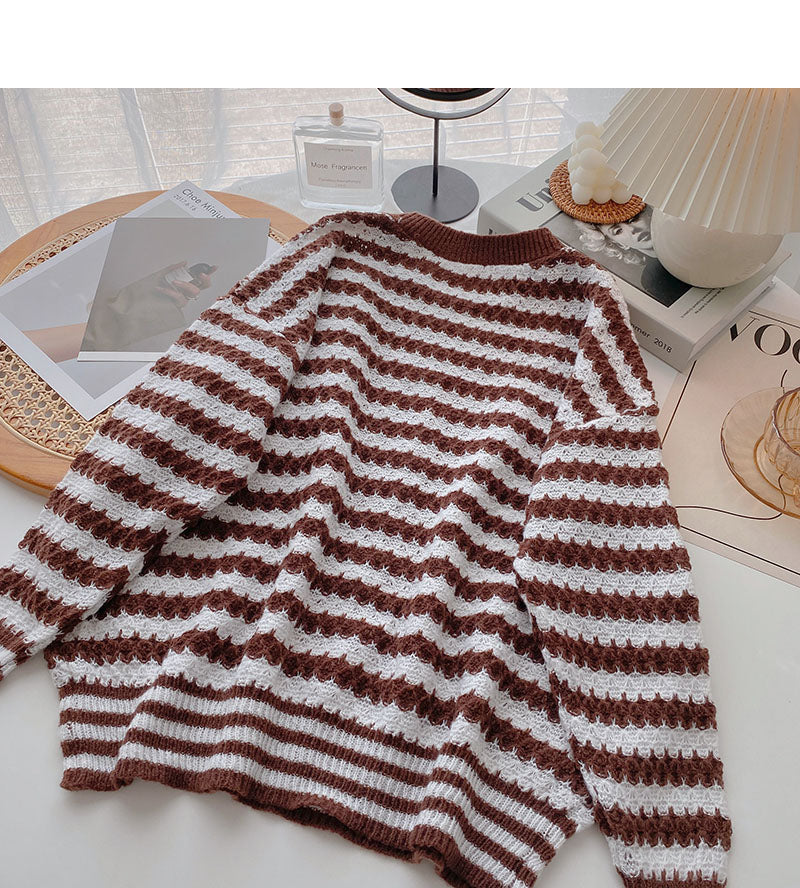 Lazy stripe contrast long sleeve sweater  6132