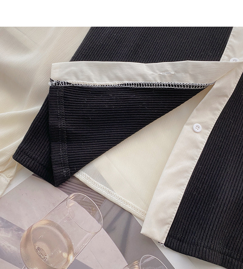 Fungus edge contrast long sleeve splicing shirt  6388