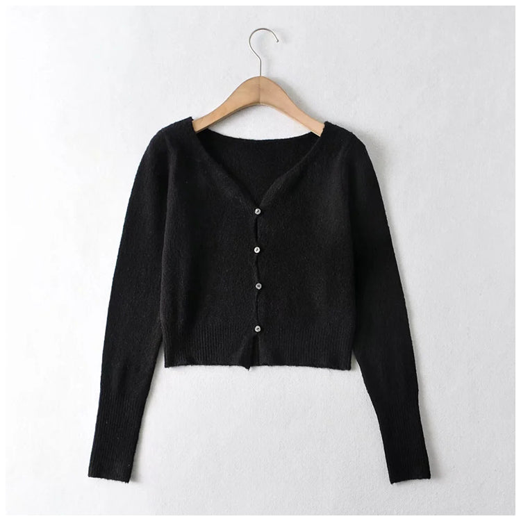 V-neck waist with exposed navel and long sleeve knitted cardigan  7229