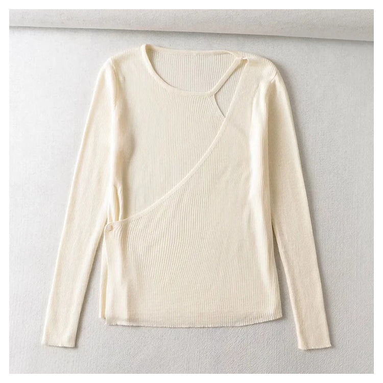 Design sense irregular round neck slim fit pure color versatile knitted cardigan  7367