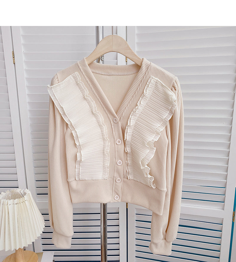 Cardigan chemise vintage à col en V en dentelle froncée 6408