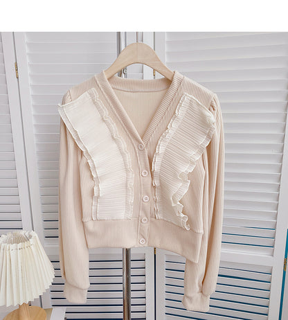 Cardigan chemise vintage à col en V en dentelle froncée 6408