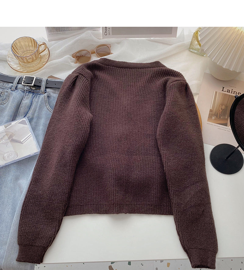 Korean college style personalized badge V-Neck long sleeve aging top  5976
