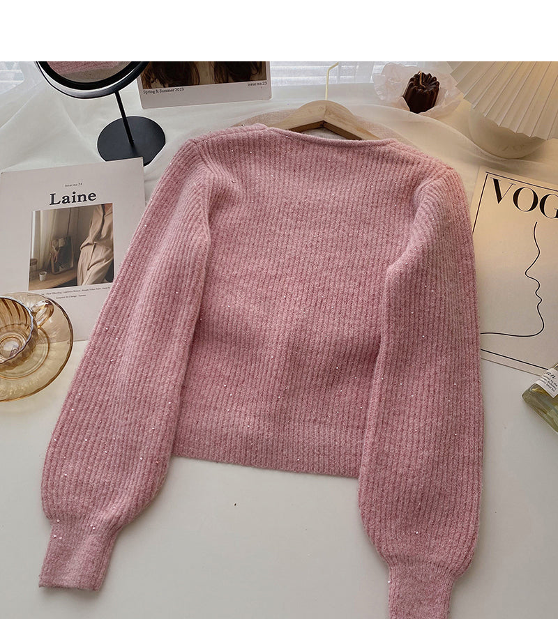 Vintage design chain round neck Pullover long sleeve Sequin Knitted Top  6010