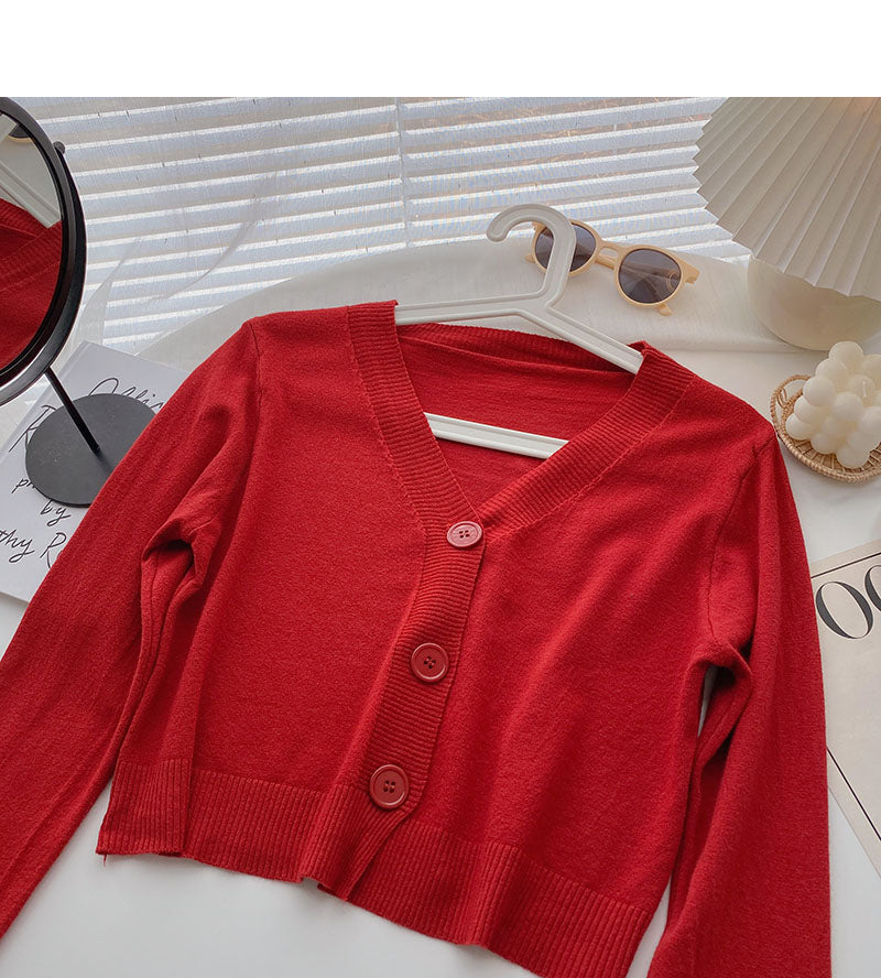 Long sleeve V-neck short T-shirt solid small coat  6442
