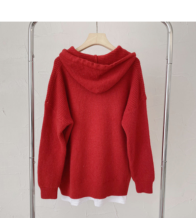 Pull femme style paresseux rétro ample à manches longues à capuche faux haut deux pièces 6197