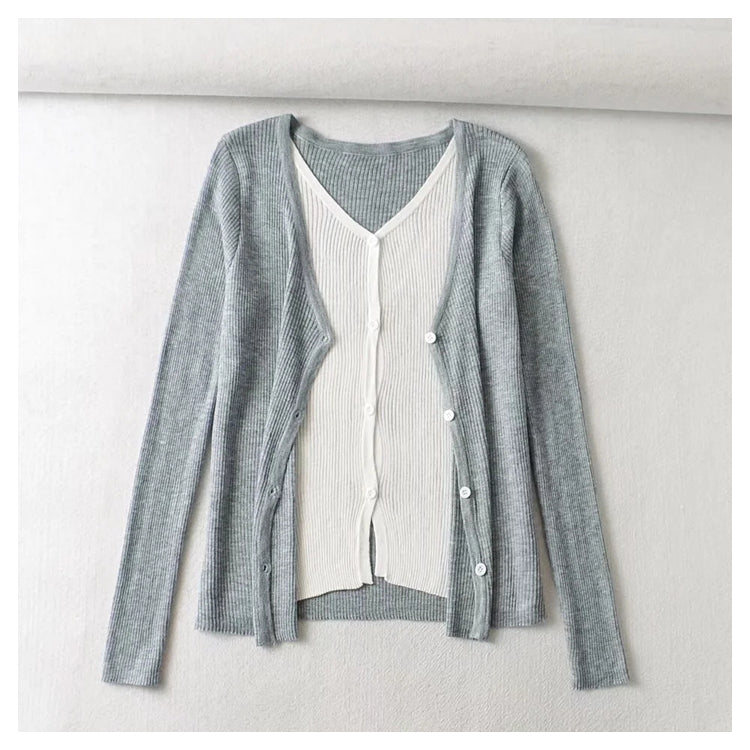 V-neck breasted color contrast fake two slim knit Cardigans  7471