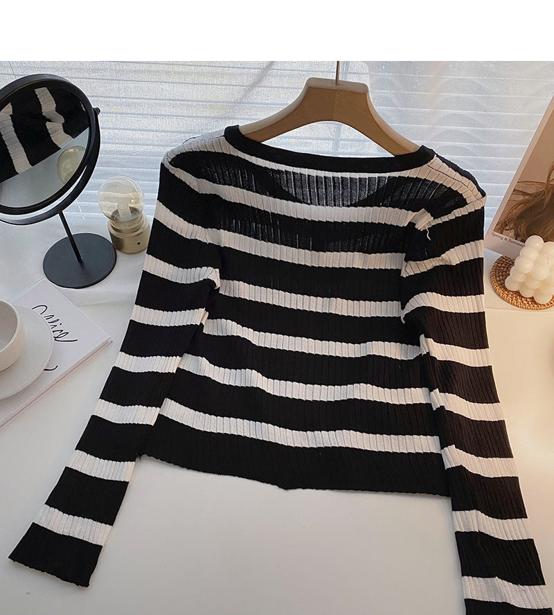 Long Sleeve Striped short slim casual knit top  6512