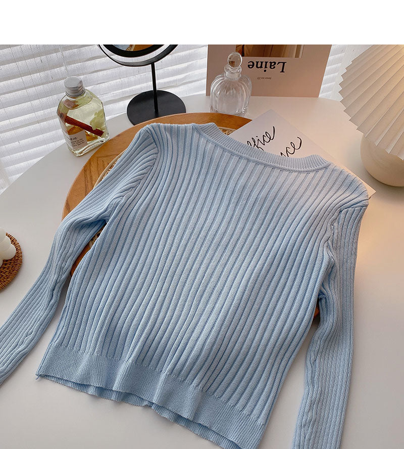 Koreanische Version, dünne, langärmlige, vielseitige, einfarbige Strickjacke mit Rundhalsausschnitt 6550