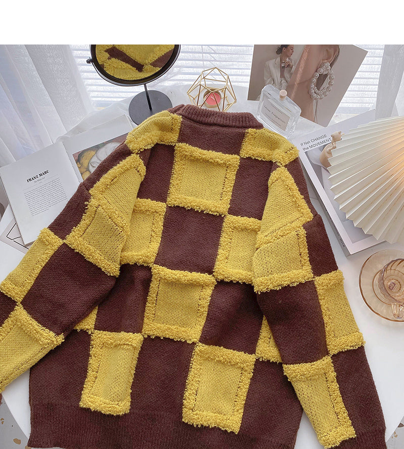 Vintage Plaid contrast flocked sweater female  5993