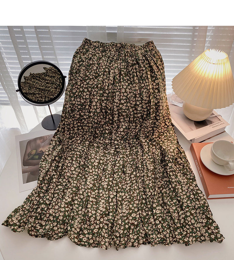 Hong Kong style retro floral high waist elastic A-shaped large swing skirt  5738