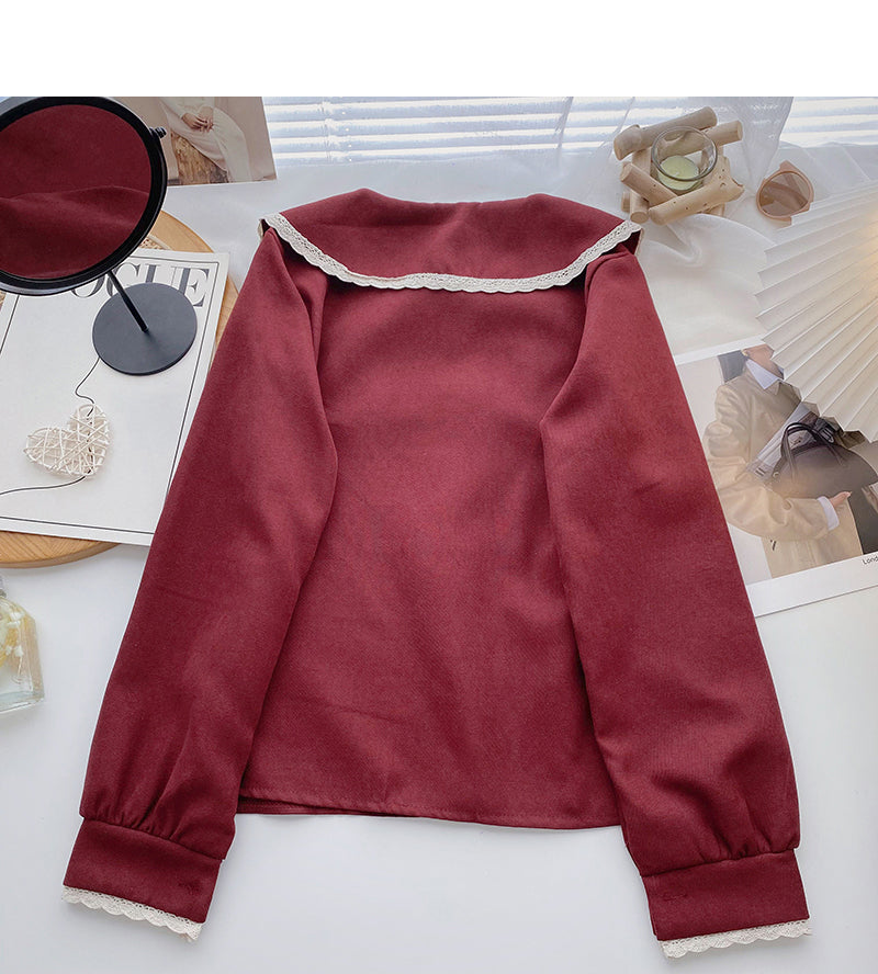Korean version of exotic age reducing lace doll neck long sleeve versatile top  6353