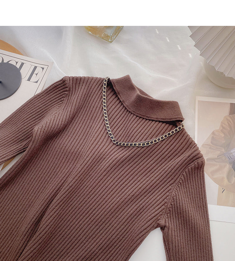 Design sense knitwear stand collar chain long sleeve top  6527