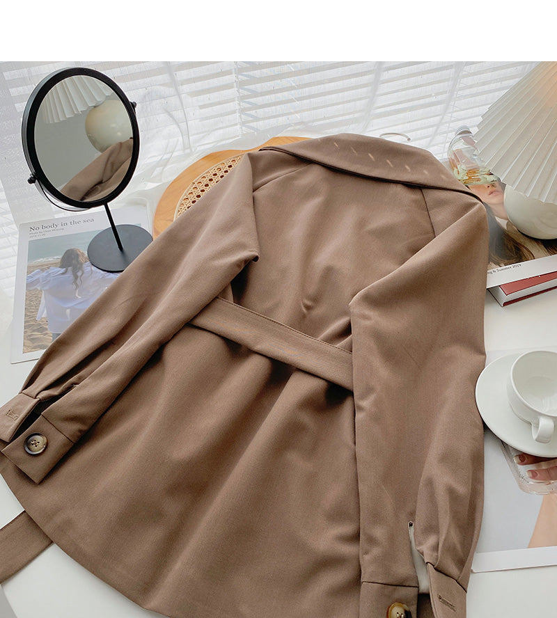 Suit collar windbreaker coat Long Sleeve loose top with belt  6218