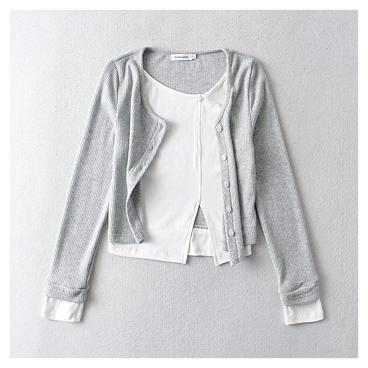 Spice Girl contrast stitched fake two-piece sweater  7176