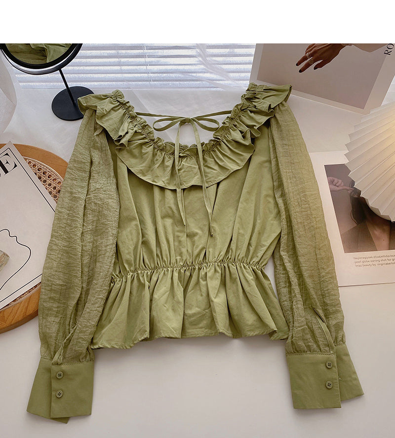 Chemise à lacets, col rond et volants, taille fine 6434