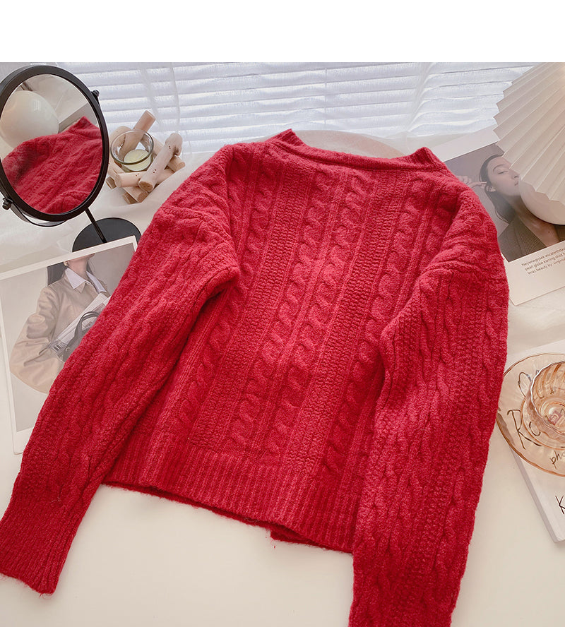 Ox horn button round neck twist sweater  6169