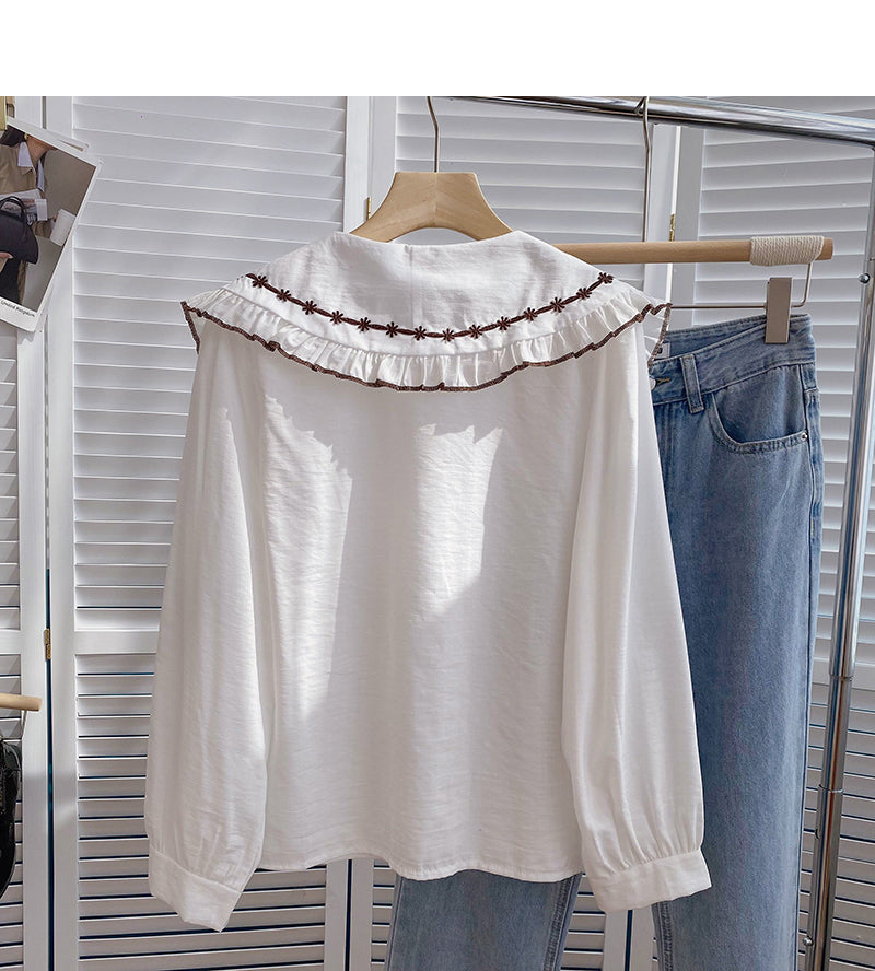 Korean version of thin Hong Kong style retro art doll collar single breasted top  6402