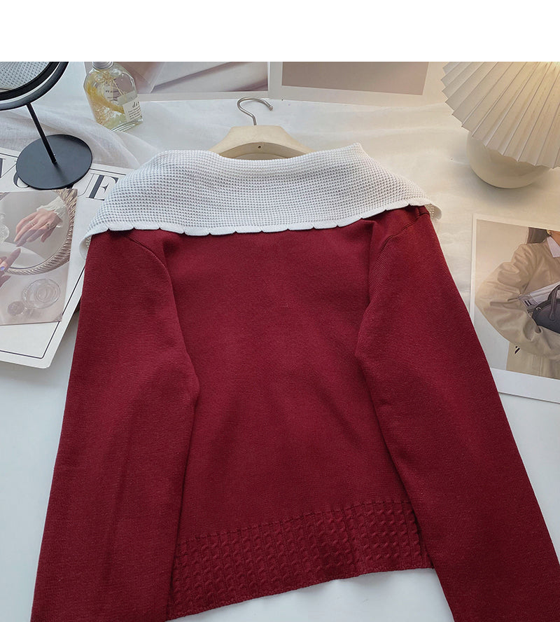Baby collar long sleeve Vintage sweater single breasted top  6517