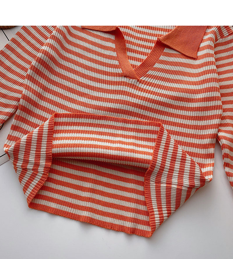 T-shirt Lapel stripe contrast color shows thin slim top fashion  6538