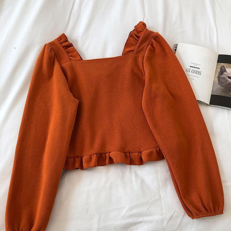 Corduroy Ruffle square collar collarbone short shirt  6246