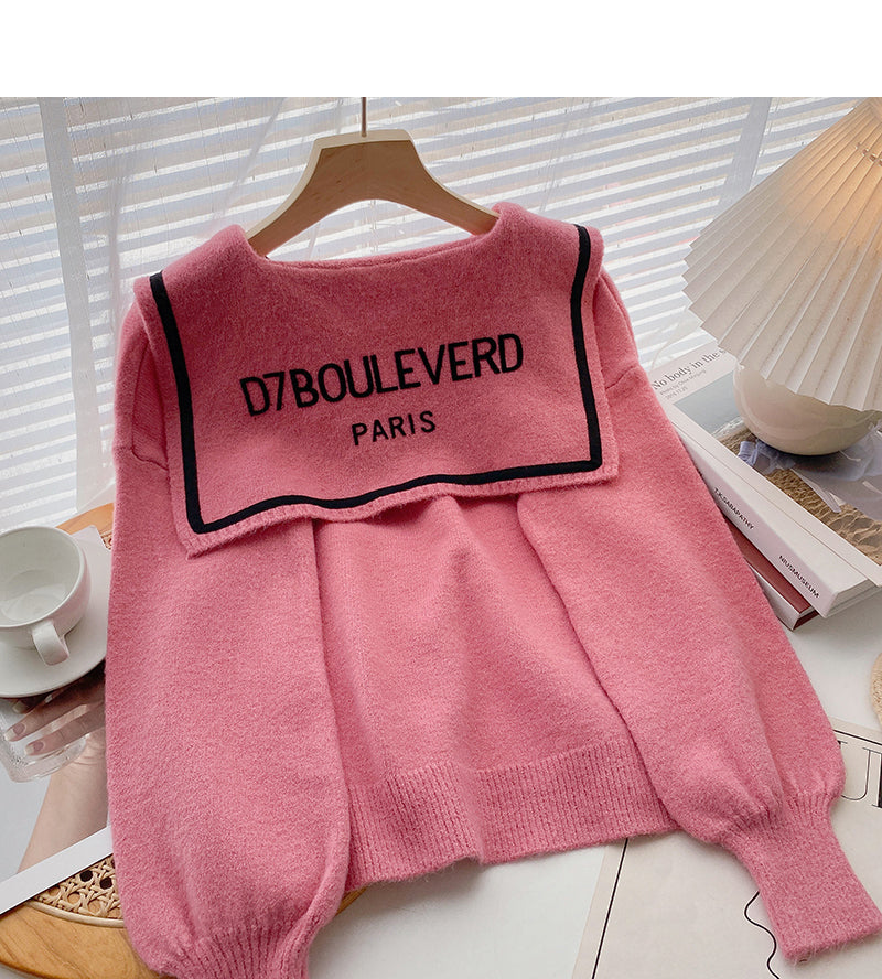 Design personalized letter print contrast Navy collar long sleeve top  6012