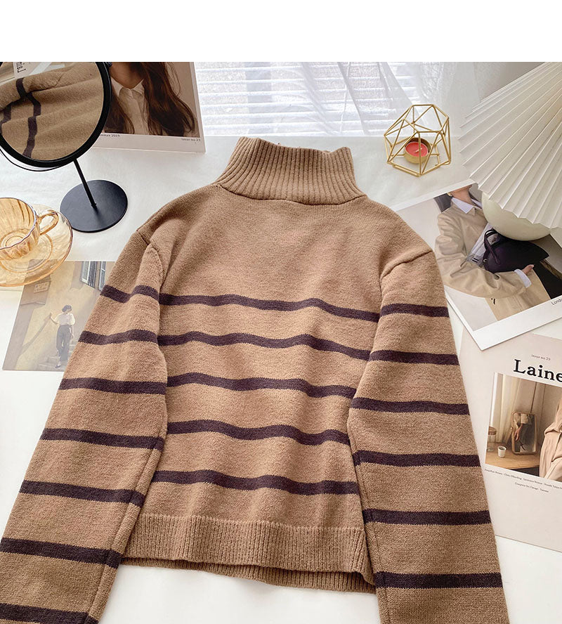 New Korean Lapel Half Zip stripe contrast stitching long sleeve top  6118