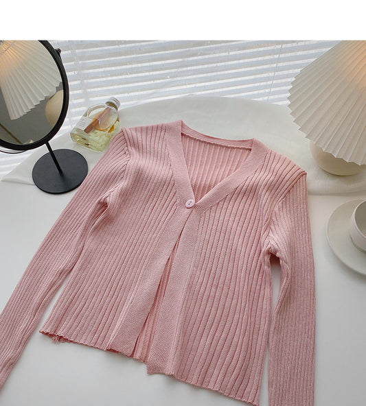 Cardigan à col en V Candy à un bouton, haut court polyvalent à manches longues 6534
