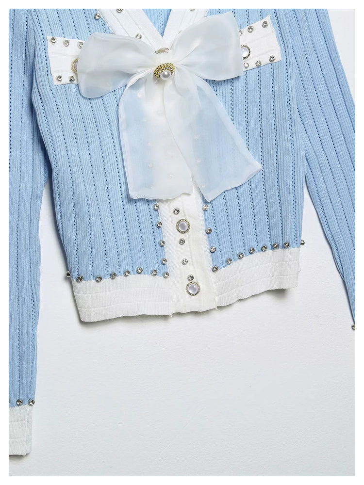 Xiaoxiangfeng V-neck heavy industry rivet bow knit cardigan  7294
