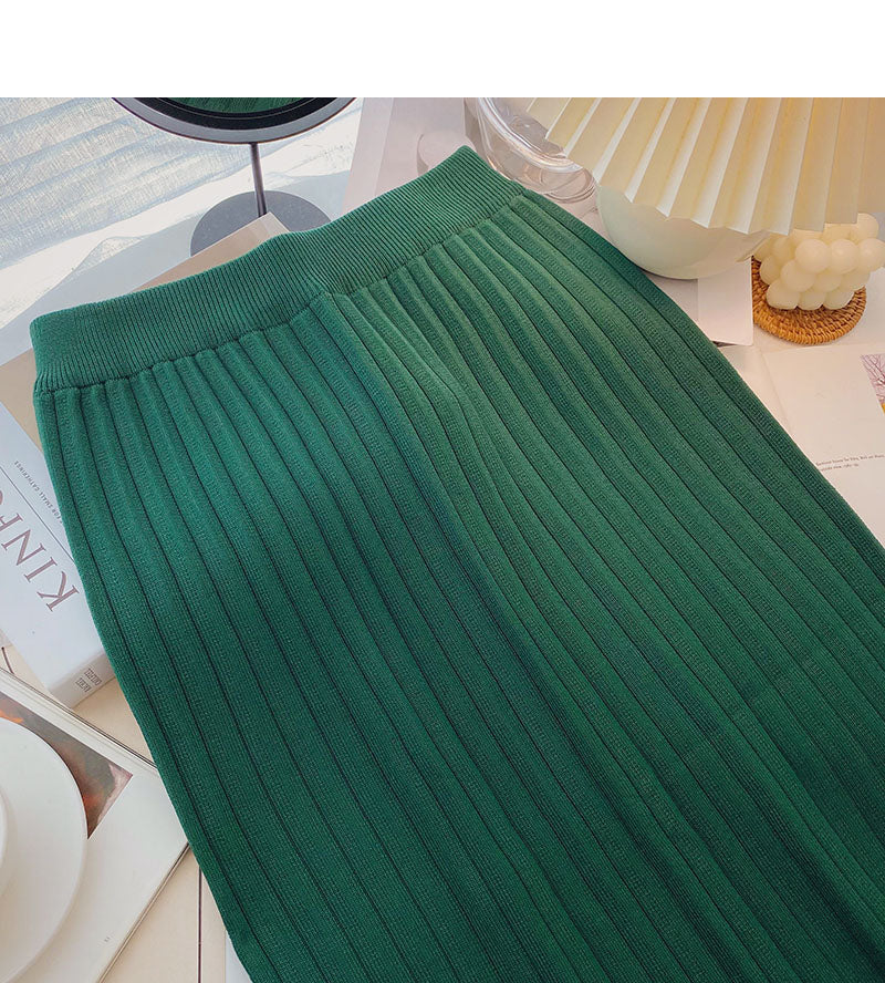 Simple and versatile thread knitted high waist split A-line skirt  5752